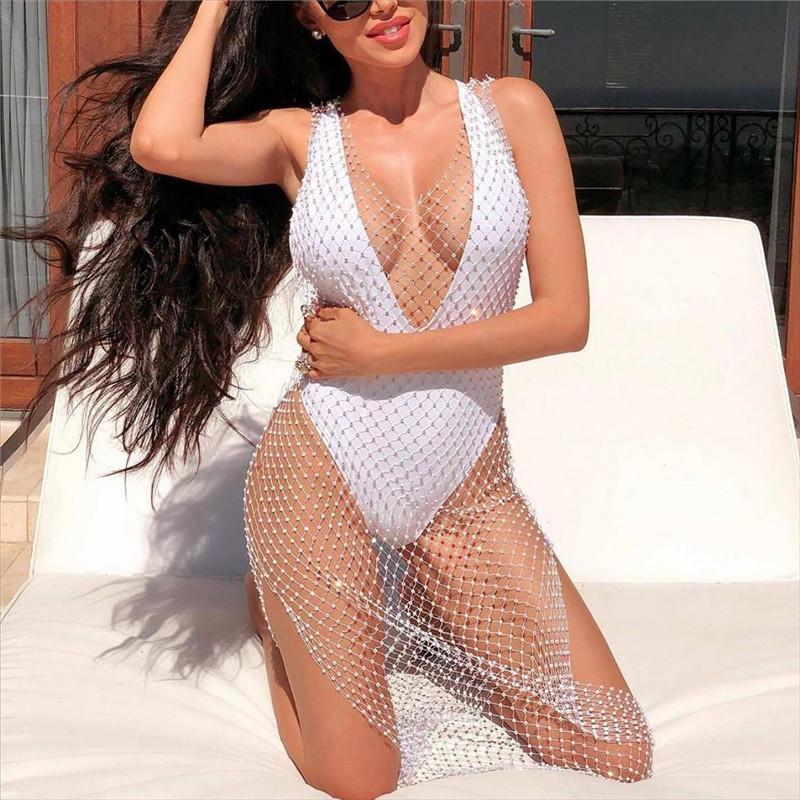 

Dresses Fashion See Through Mini Dress Hollow Out Fishnet Grid Patchwork Bling Rhinestone Cover Up Mini Dresses Clubwear Hot Vestidos, Black v-neck