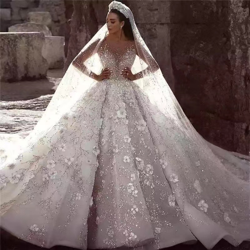 

2023 Luxury Plus Size Wedding Dresses Beading Bridal Gowns Long Sleeve Crystal Lace Appliqued Sequined Vestidos De Novia Arabic Aso Ebi Luxurious Beaded Wed Dresses, White