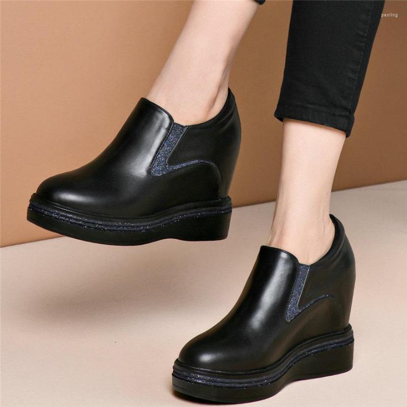 

Dress Shoes Fashion Sneakers Women Genuine Leather Wedges High Heel Round Toe Pumps Female Platform Oxfords Casual US 3-9, Black