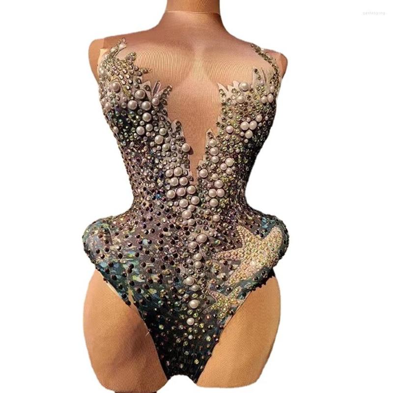 

Stage Wear Multi-color Rhinestones Pearl Printed Spandex Bodysuit Dance Show Sleeveless Costume Evening Birthday Outfit Haidenver, Picture shown
