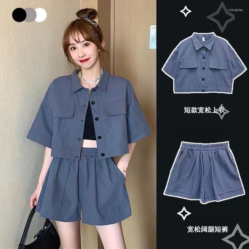 

Casual Dresses Women 2 Pec Sets Short Sleeve Turn-down Collar Shirts Elastic Waist Shorts Womens High Street Harajuku Streetwear Coat, Apricot