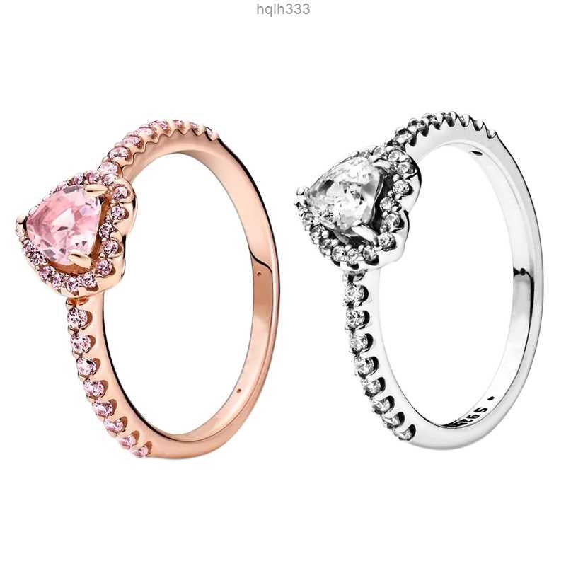 

Rose Gold Pink Stone Elevated Love Heart Rings Original Box Set for Pandora Real 925 Silver Cz Diamond Women Wedding Ringbjlq