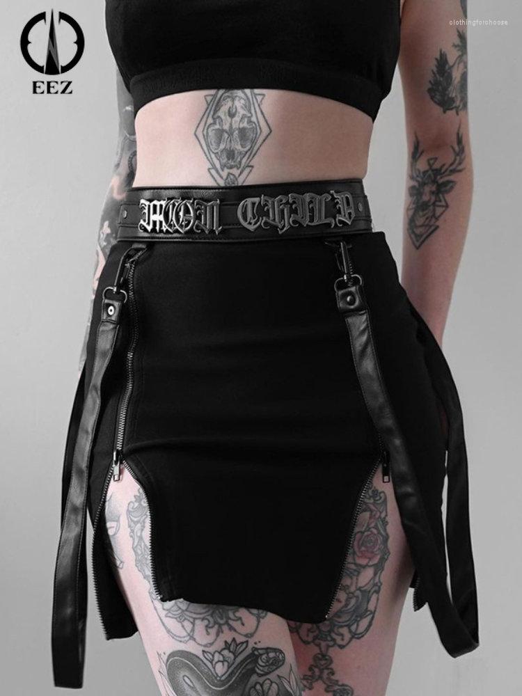 

Skirts Gothic Double Zip Split Sexy Mini Skirt Women Grunge Strap Black High Waist Pencil Punk E-girl Alt Party Coquette Clubwear