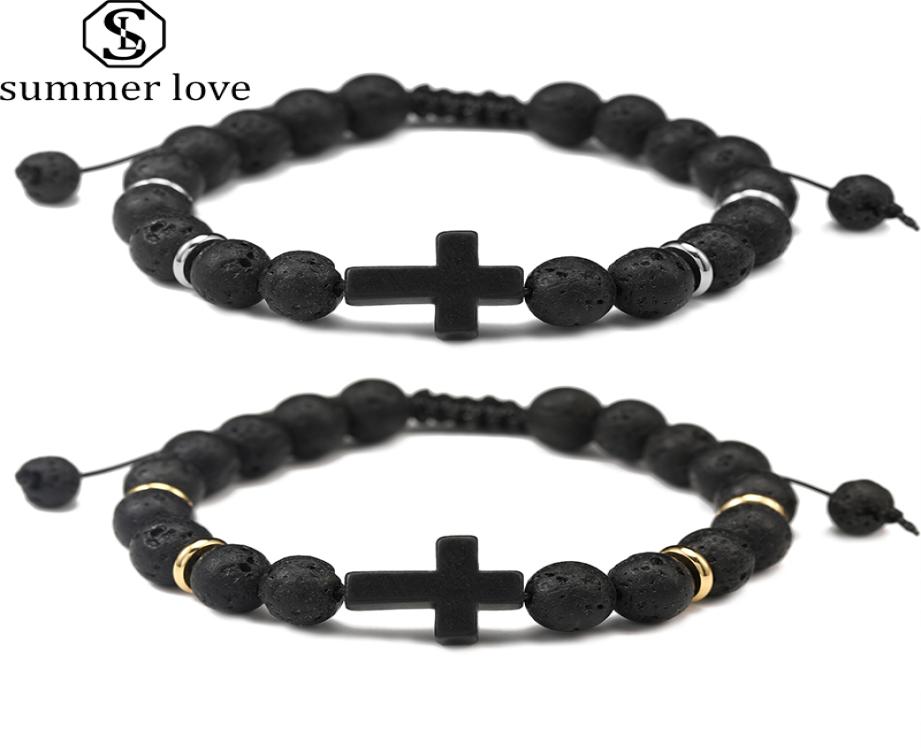 

High Quality Natural Stone Agate Beads Bracelet for Men Handmade Adjustable Braided Lava Stone Cross Charm Bracelet Fashion Jewelr5866900