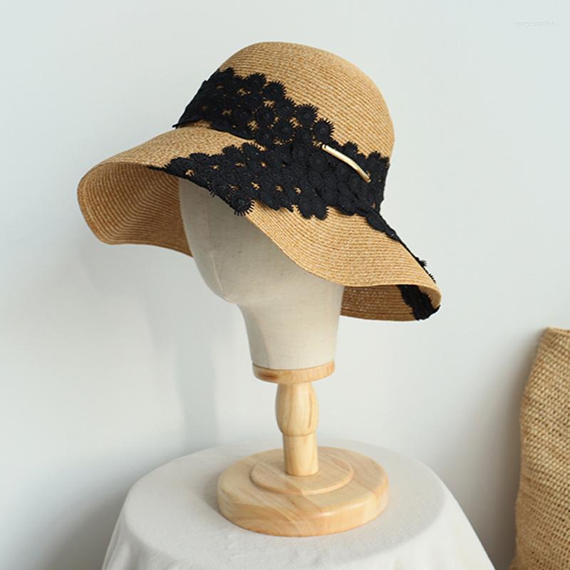 

Wide Brim Hats Handmade Women Summer Sun Hat Beach Straw Black White Lace Ribbon Cap Foldable Flat Girls Outdoor, Black lace