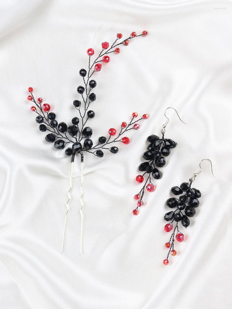

Headpieces Black Red Crystal Hairpins Hair Clips Bridal Tiaras Decoration Bridesmaid Accessories Earrings Set Party Jewelry
