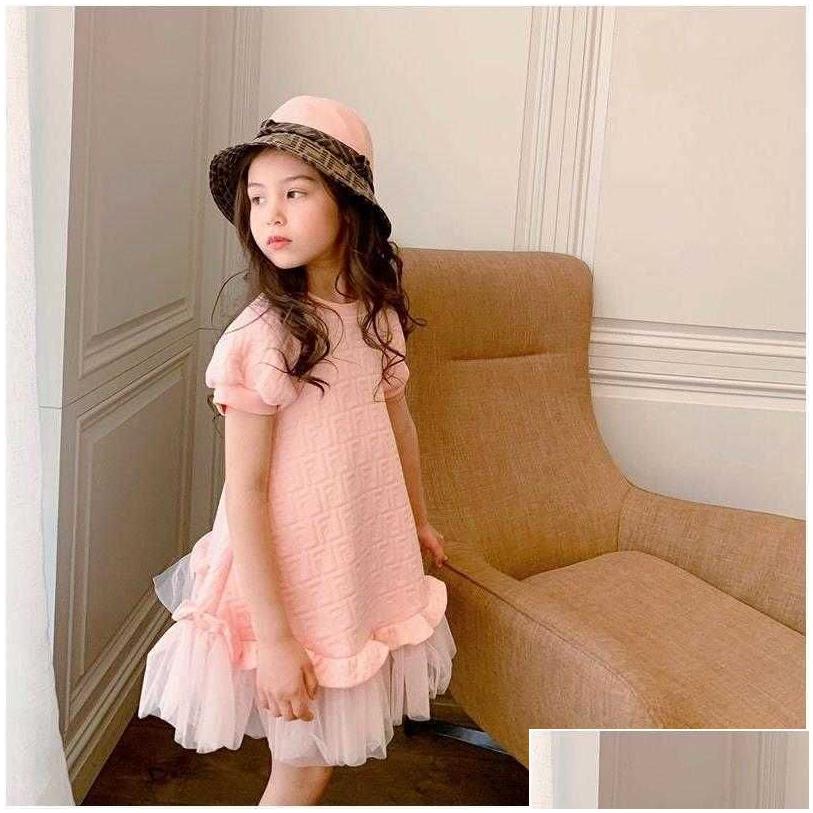 childrens pink casual skirt luxury designer brand fashion dress girls net yarn shortsleeved princess dress for kids q0716