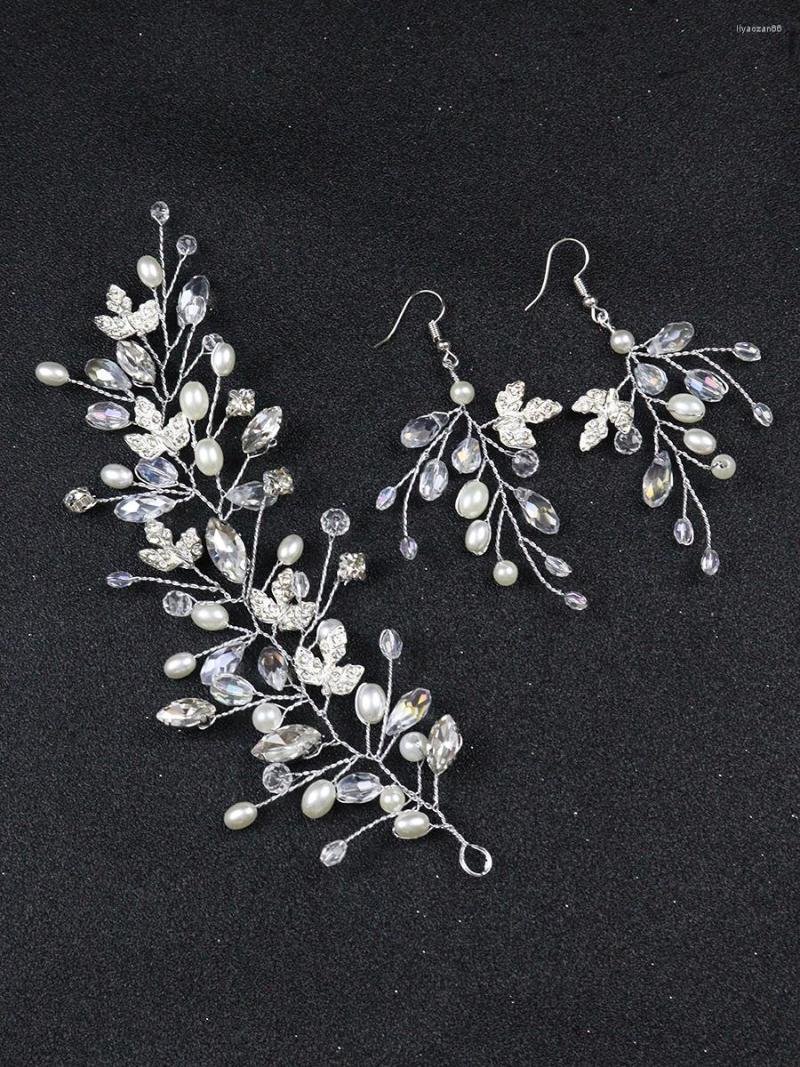 

Headpieces Fashion Silver Hair Clips Earrings Set Pearls Leaves Headbands Women Crystal Headdresses For Wedding Bridal Hairbands