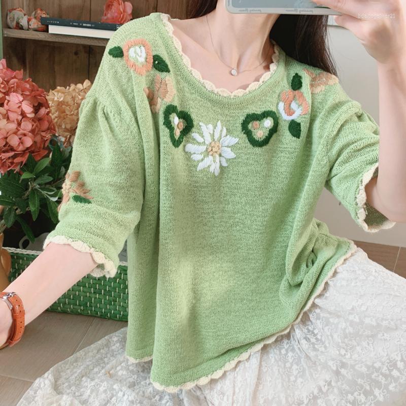 

Women's Sweaters Sweater Spring Summer Women Mori Girls Sweet O-Neck Avocado Green Handmade Crocheted Embroidered Oversize Pullover Tops, Rice white