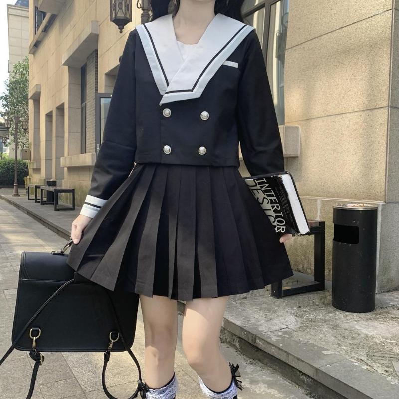 

Work Dresses JK Uniform Winter Spring Japanese School Girls Suit Sailor Jacket Coat Top And Min Pleated Skirt Two Piece Set COS Y2k Clothing, Short skirt suit