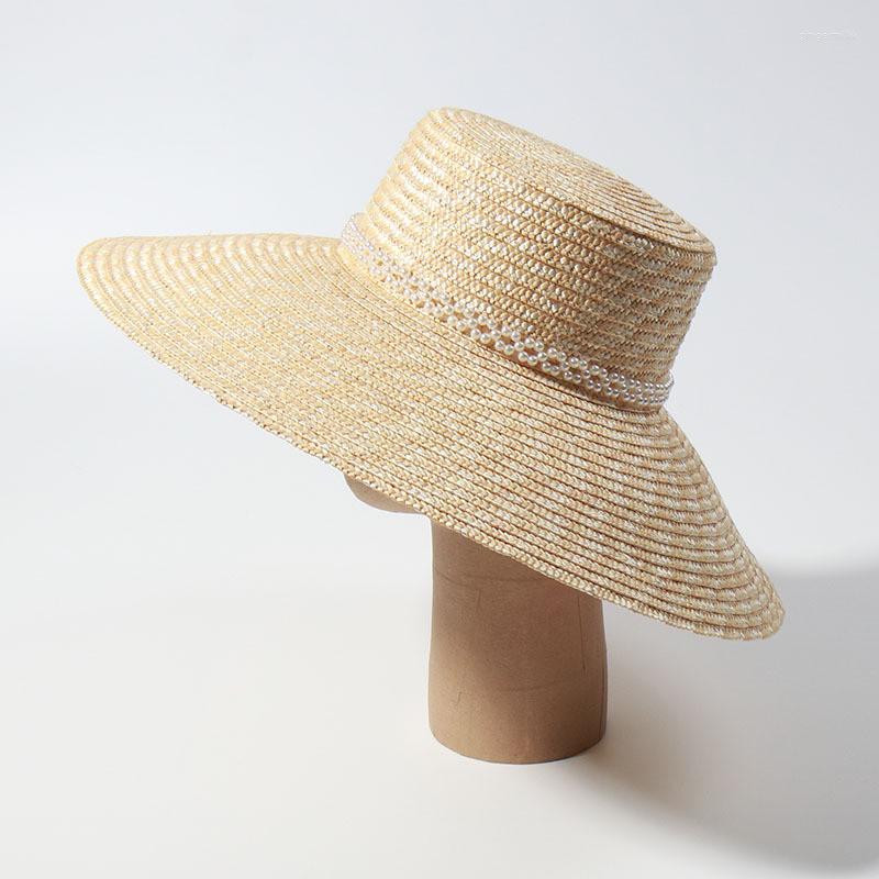 

Wide Brim Hats 202305-shi Ins Drop Desige Summer Handmade Straw Pearl Chain Lady Sun Cap Women Leisure Holiday Beach Hat, Beige