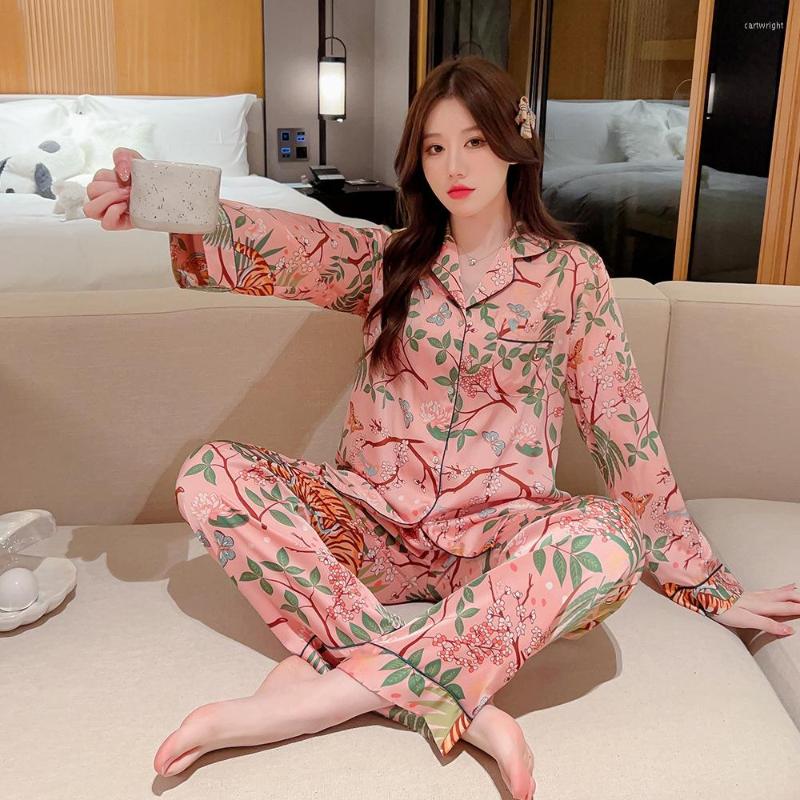 

Women's Sleepwear Winter Pajamas For Women Satin Silk Two Piece Set Long Sleeved Pjs Lounge Wear Femme Mujer Night Suits Home Clothes, Pink