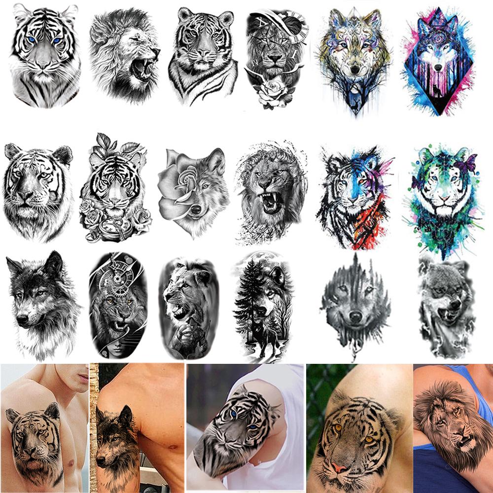 

Tattoos 50Pcs Wholesales Waterproof Temporary Tattoo Sticker Tiger Lion Wolf Forest Man Big Sexy Flower Women Body Arm Art Fake Tattoos