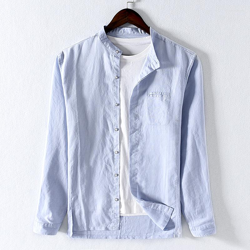 

Men's Casual Shirts Stand Collar Italy Brand Men Linen With Cotton Shirt For Fashion Male Solid Breathable Mens, Pink