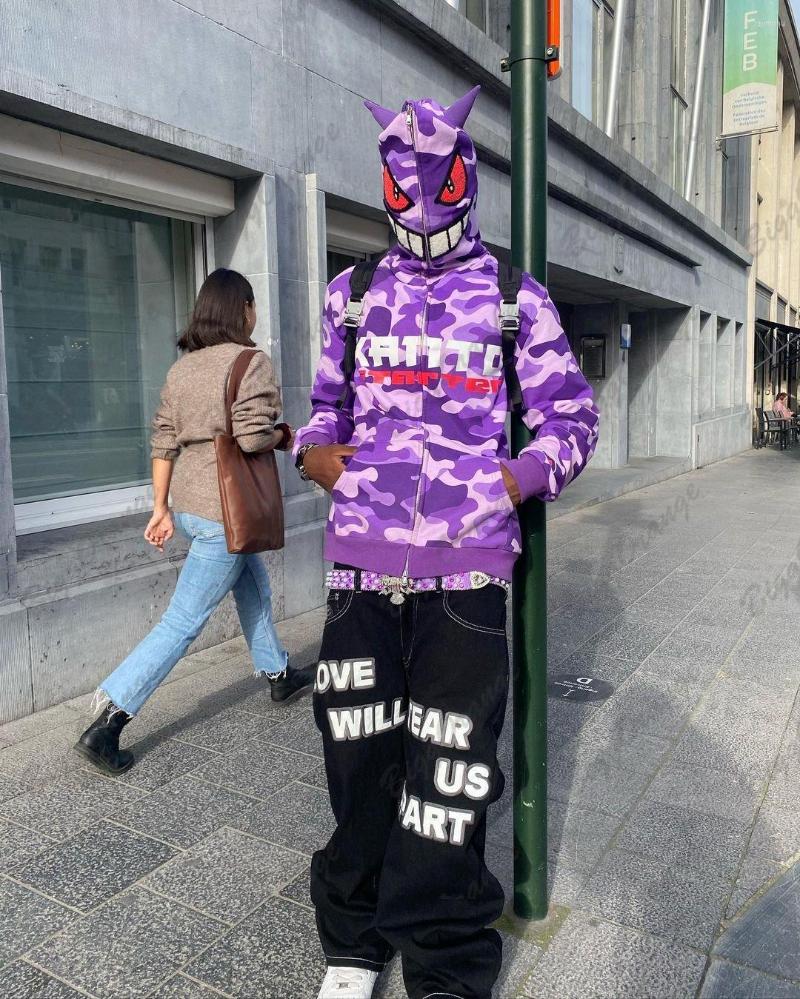 

Men's Hoodies Harajuku Oversized Devil Hoodie Men's Embroidered Letter Print Street Wear Zippered Vintage Sweatshirt Goth Jacket, High quality
