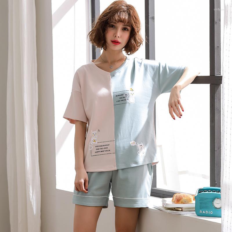 

Women's Sleepwear Women Pajama Lady Summer Cotton Cute Cartoon Thin Wearable Casual Short Sleeve Shorts Two Piece Sets Set Pajamas, Blue pink