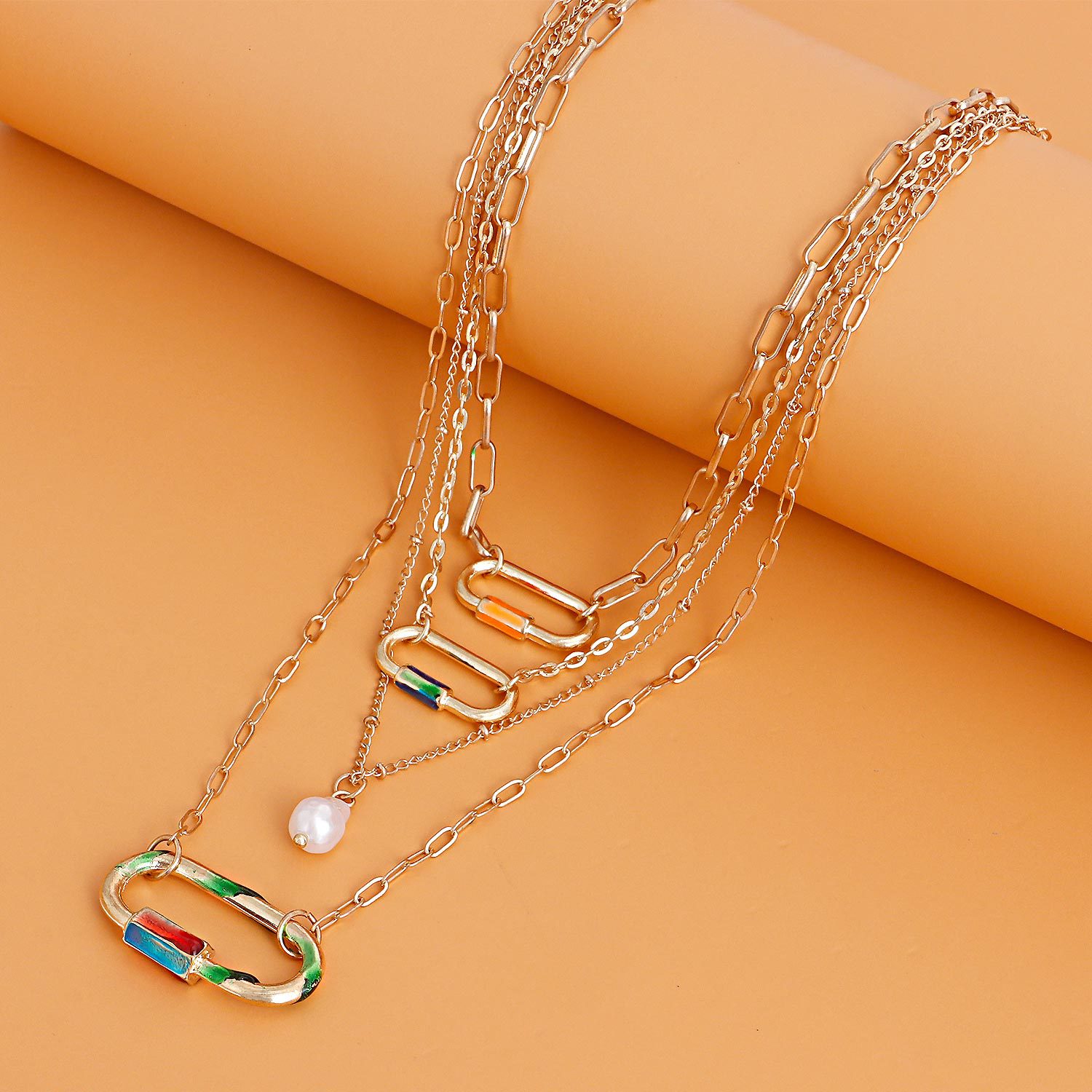 

necklace cool multi-layered geometric hollow oval pearl pendant necklace, hip-hop street necklace pendant necklace retro combined necklaces for girl 01