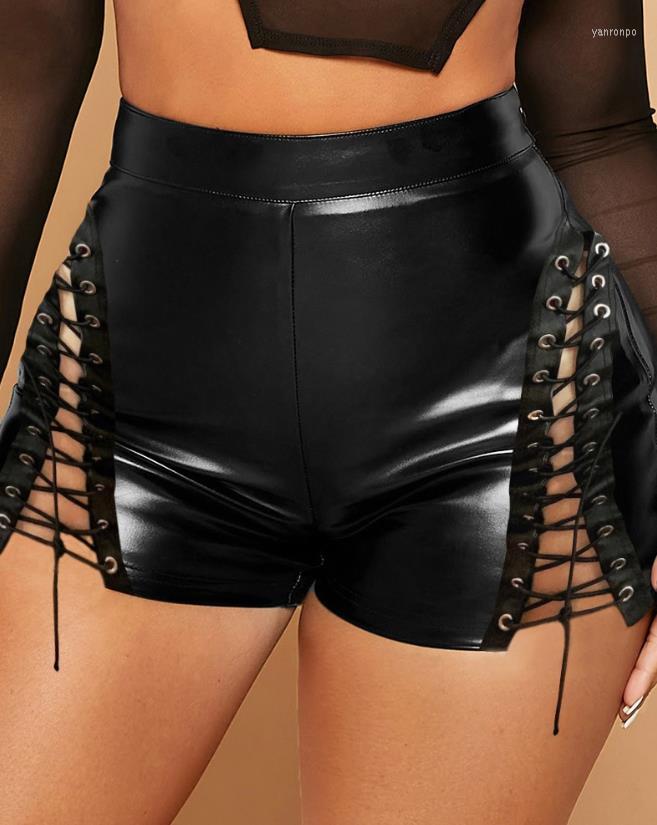 

Women' Shorts Women' 2023 Summer Fashion Sexy Side Eyelet Lace-Up Pu Leather Plain High Waist Above Knee Night Out Streetwear