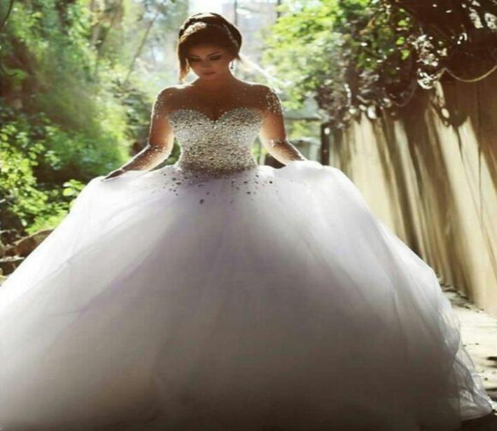 

Luxury ONeck Long Sleeve Jewelry Ball Gown Wedding Dresses Lace Applique Bodice Open Back Sexy Bridal Gowns Vestido De Noiva2942377, White