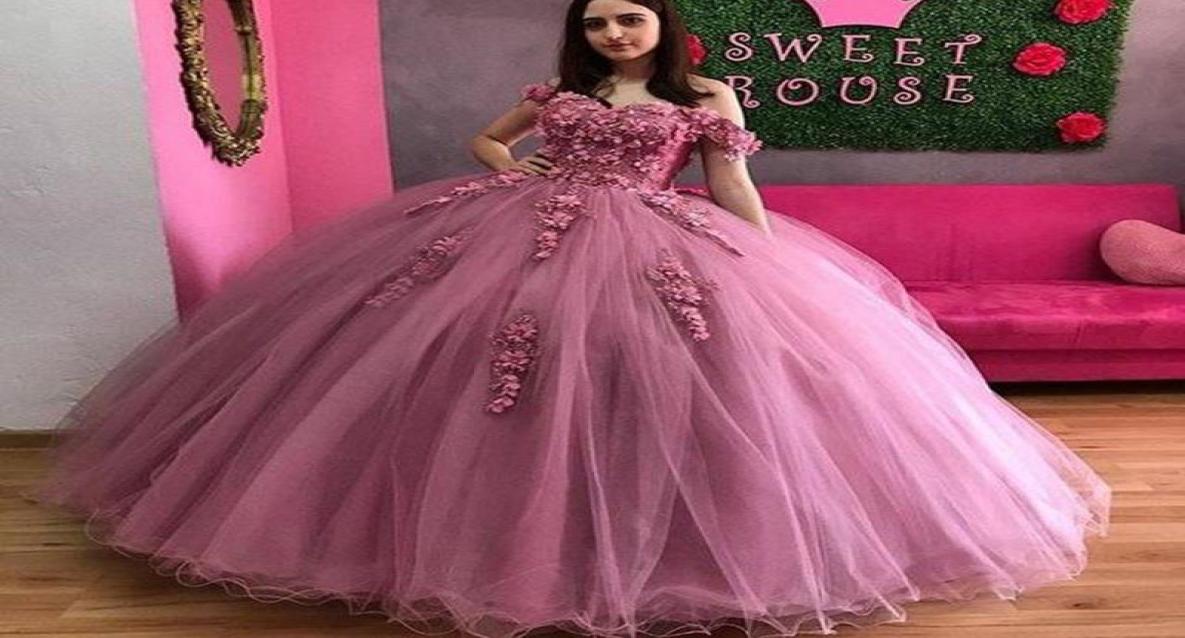 

Modest Dusty Rose Floral Flowers Quinceanera Prom dresses 2021 Ball Gown Off the shoulder Evening Formal Gowns Sweet 16 Vestidos D5465126, Yellow