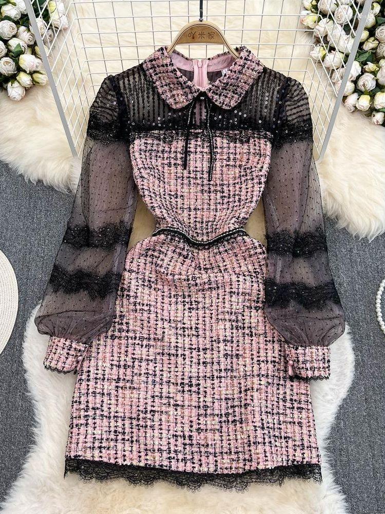 

Casual Dresses Fashion Designer Pink Plaid Bow Tie Tweed Dress Autumn Winter Women Long Sleeve Sequins Mesh Patchwork Vintage Short, Red and black