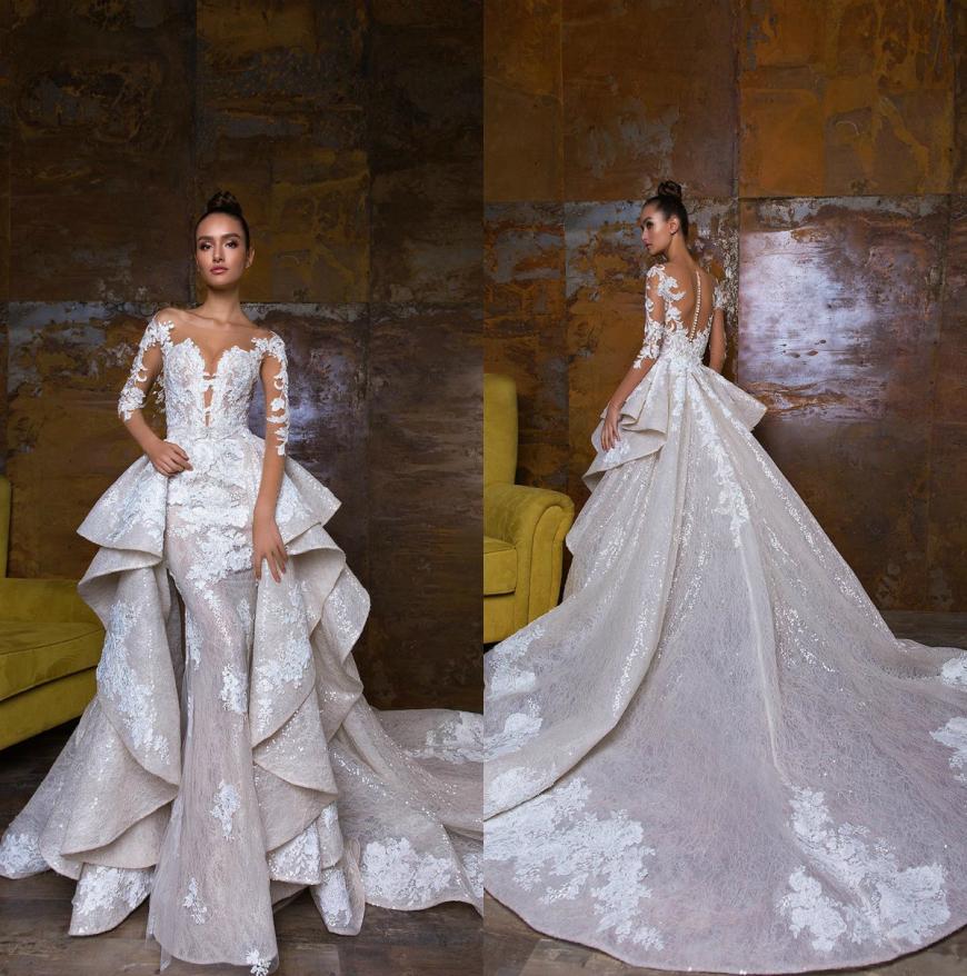 

Mermaid 2019 Wedding Dresses with Detachable Train 34 Long Sleeve Lace Appliqued Beads Overskirts Bridal Gowns Custom Made3423023, Custom made from color chart