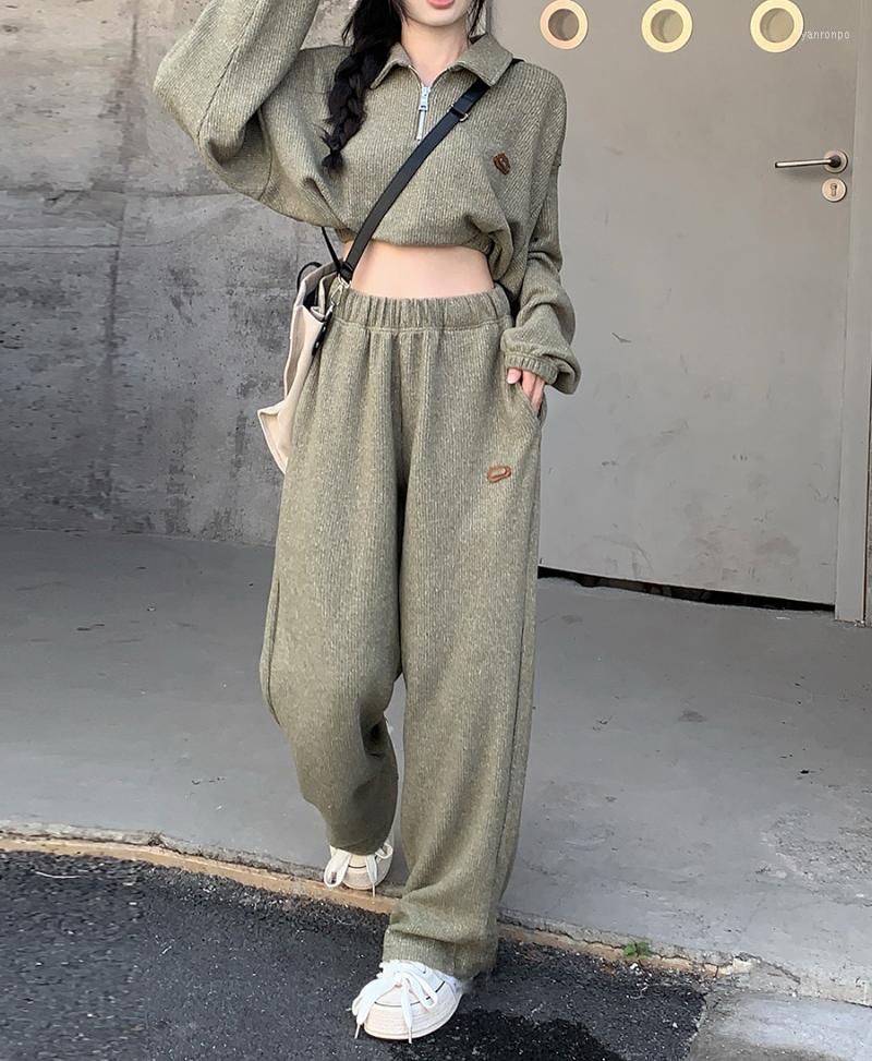 

Women's Two Piece Pants Girl Casual Suit Retro Polo Collar Long Sleeve Loose Sweatshirt Women's Autumn Elastic Waist Wide Leg Set, Top