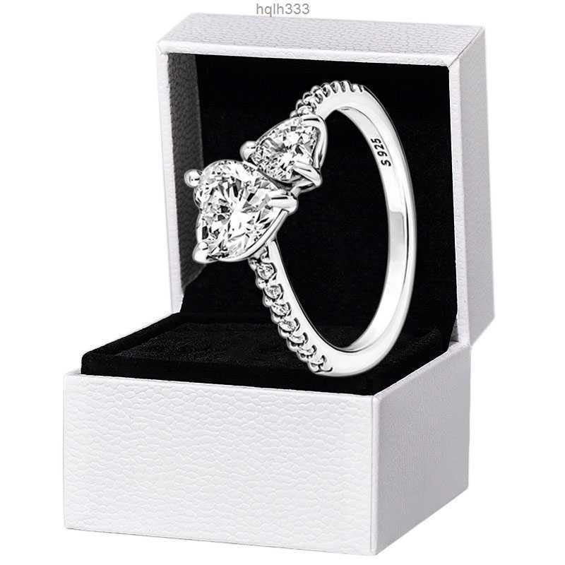 

New Arrival Double Heart Sparkling Ring Solid 925 Silver Women Girlfriend Gift Jewelry for Pandora Lover Cz Diamond Rings with Original Box Set8jjn