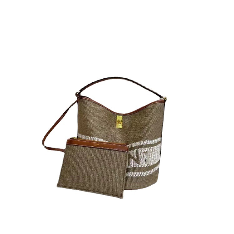 

Fabric Bucket Bag Shopping Bag Woven French High-grade Beach Portable Lock Head Bag, Brown