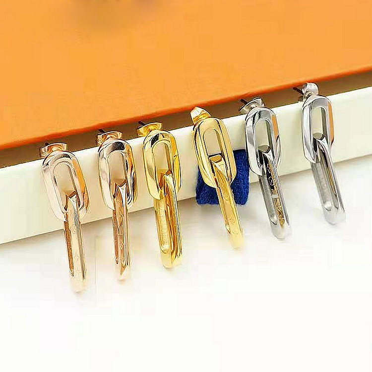 

Titanium Steel Women Designer Stud U-shaped With Flower Style Double Link Chain Fashion Jewelry Couple Earrings
