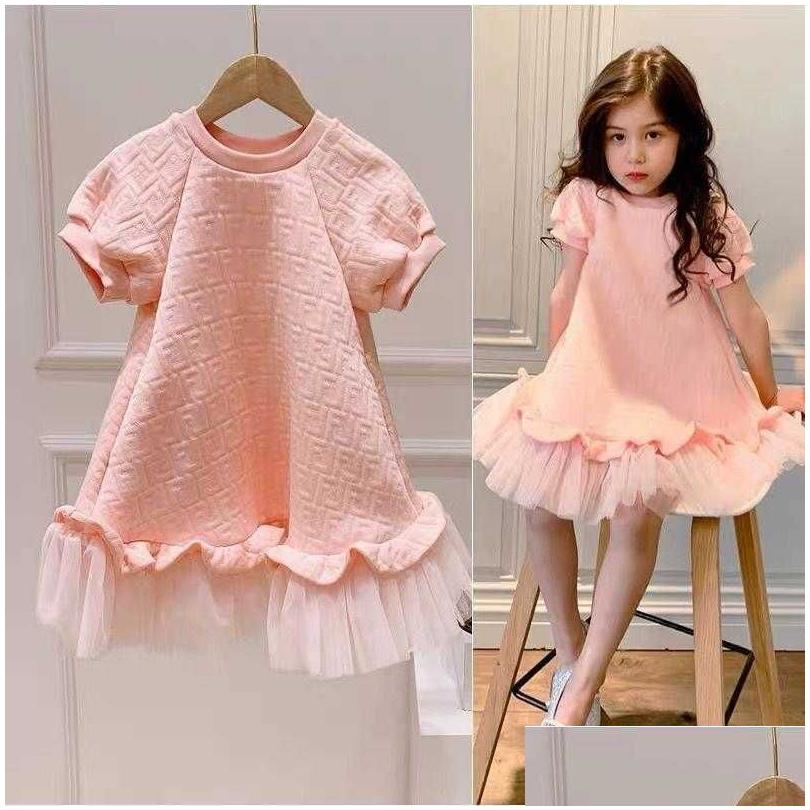 childrens pink casual skirt luxury designer brand fashion dress girls net yarn shortsleeved princess dress for kids q0716