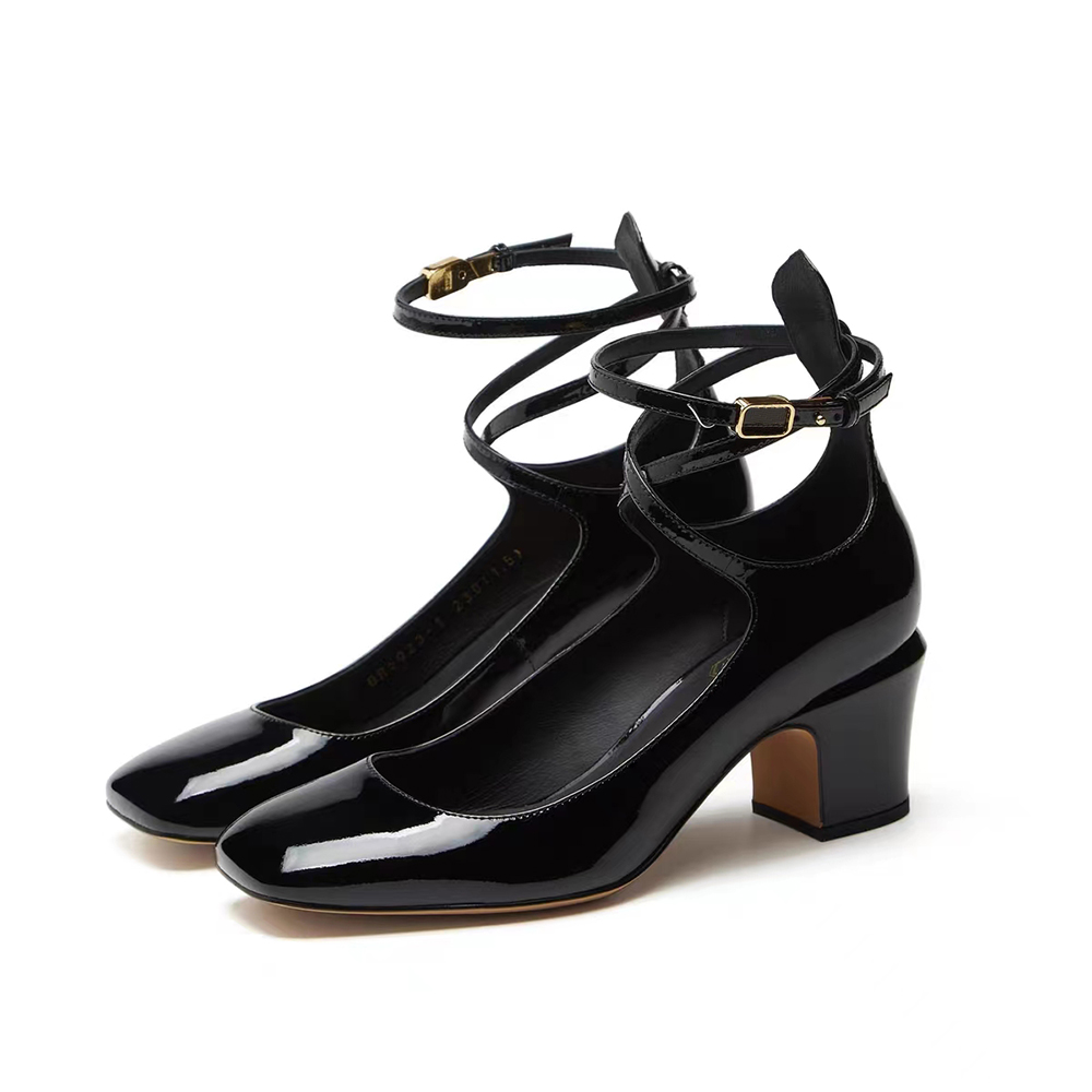 

Women's medium thick heeled dress ankle strap Leather Slip On small square toe shallow cut evening shoes luxury designer high heels factory footwear with box, Red