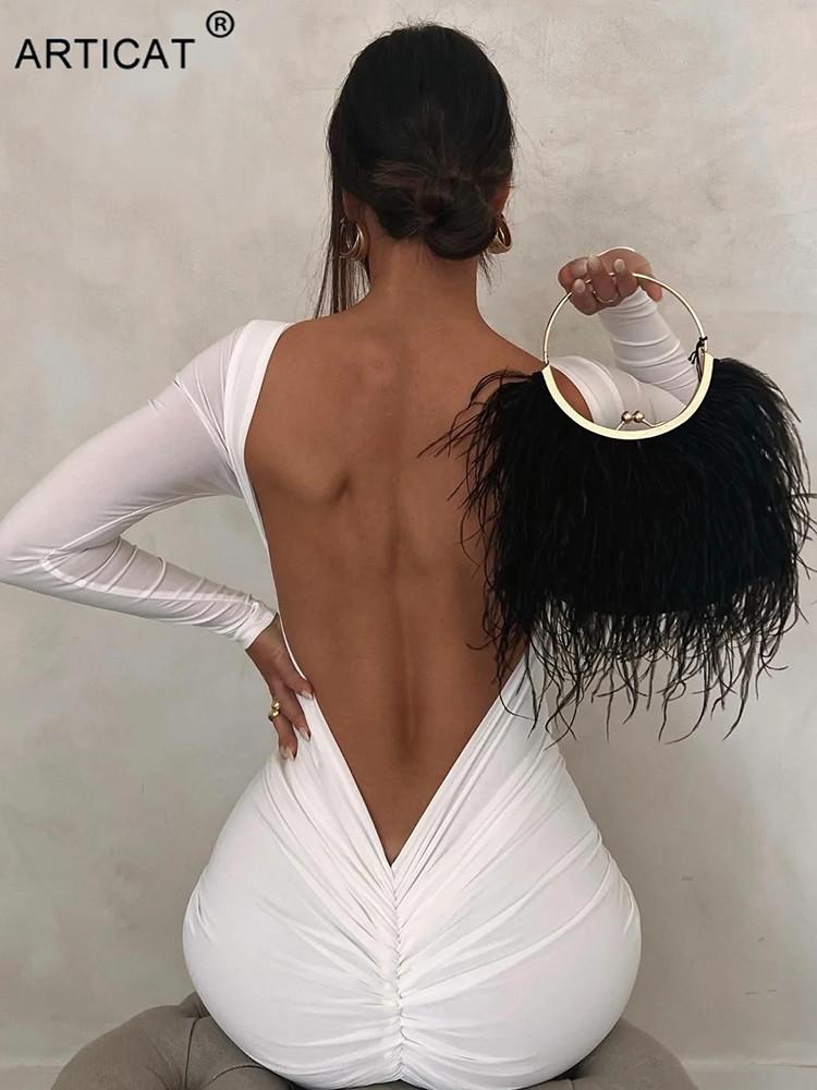

Dresses Articat Sexy Backless Ruched Maxi Dress Women White Long Sleeve Evening Dresses Female Autumn Skinny Elegant Party Clubwear 2022, Black