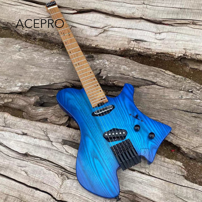 

Acepro Satin Blue Color Headless Electric Guitar Stainless Steel Frets Ash body Roast Maple Neck Black Hardware Free Shipping