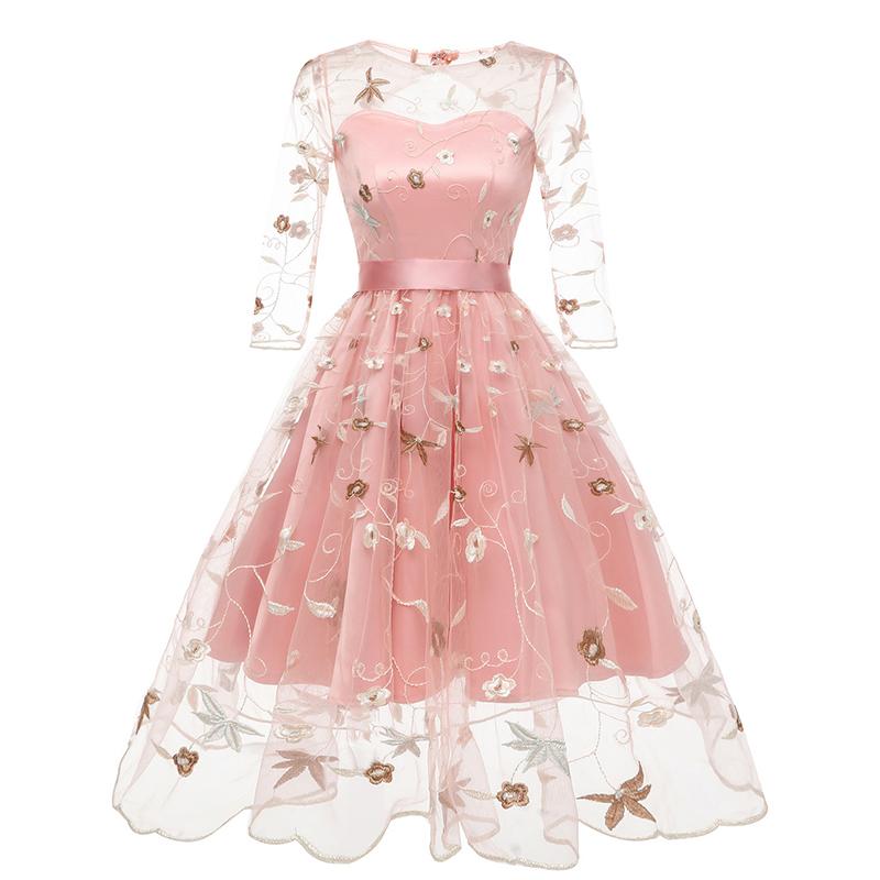 

Dresses Fmfssom New Summer Floral Print Embroidery Tulle Female Dress Sweet Elegant High Waist Lace Up Aline Mesh Women Dresses 2xl, Beige