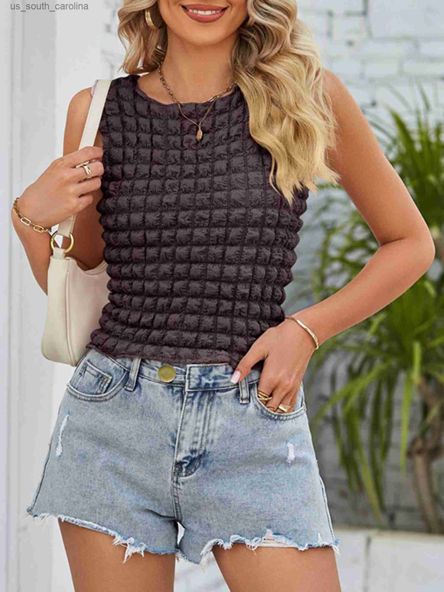 

Camis Womens Solid Sleeveless T-Shirt Fashion Popcorn Textured Tank Top Casual Round Neck Crop Tops Streetwear Clubwear L230522, Light purple