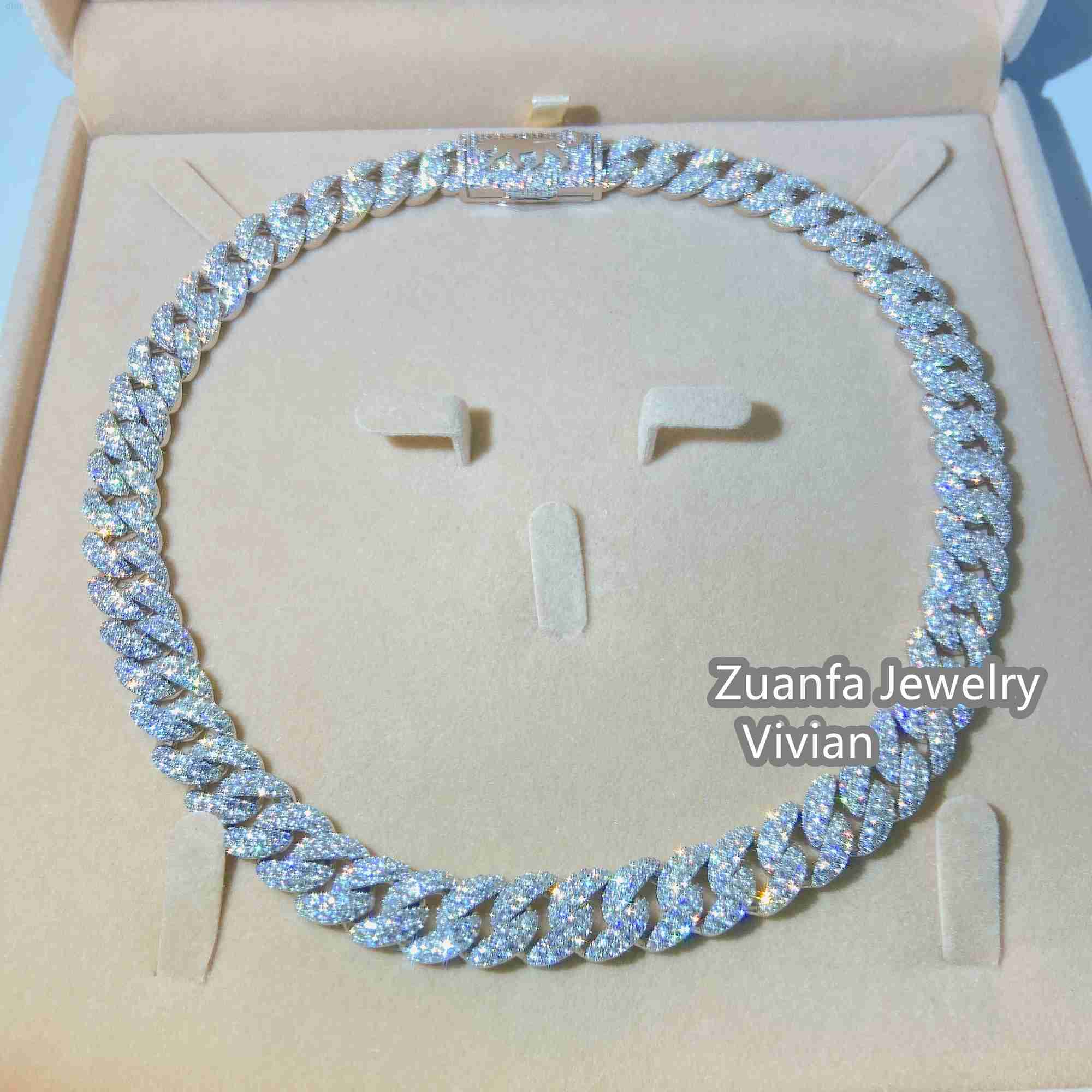 

12mm Width Hip Hop Jewelry Silver 925 Necklaces Miami Iced Out Moissanite Cuban Link Chain