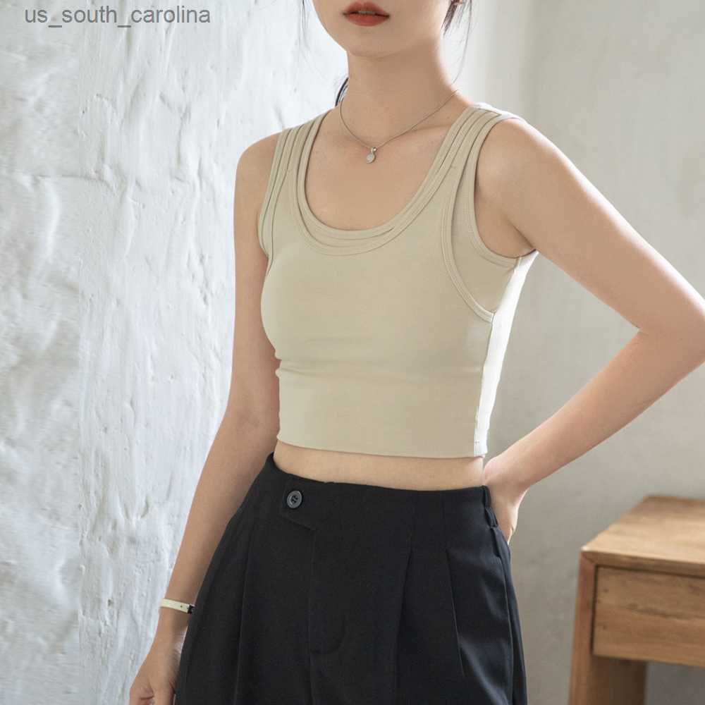 

Camis Women' Slim Fitting Short U-Neck Fake Two-Piece Tank Top L230522, Beige