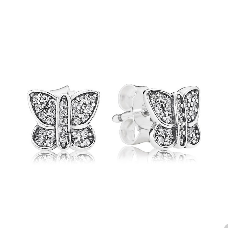 

Sparkling Butterfly Stud Earrings for Pandora 925 Sterling Silver Wedding Party Jewelry designer Earring For Women Girls Crystal Diamond earring with Original Box