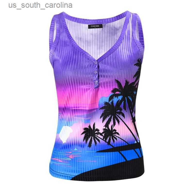 

Camis Landscape Hawaiian Palm Tree Print Ribbed Button Front Tank Top Casual Sleeveless Vest Tops Top Tank Tops Summer Womens Clothes L230522, Purple