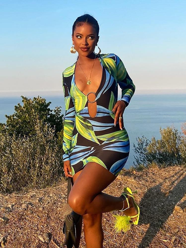 

Dresses Women' Print Wrapped Club Party Mini Dress Hollow Out Ring Trim Long Sleeve V Neck Sexy Bodycon Y2k Clothes 2022 Autumn, Green