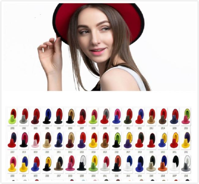 

40colors Unisex Flat Brim Wool Felt Fedora Hats with Belt Red Black Patchwork Jazz Formal Hat Panama Cap Trilby Chapeau for Men Wo5507472