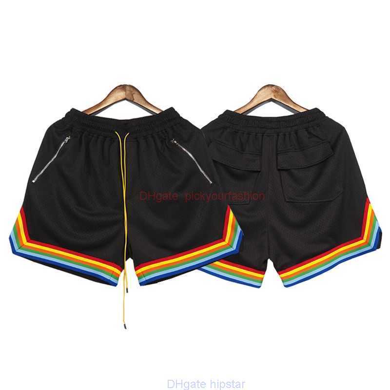 

Designer Short Fashion Casual Clothing Beach shorts Rhude High Street Fashion Shorts Mesh Fabric Rainbow Sports Casual Capris Mens Womens Loose Basketball Pants Jo, Black