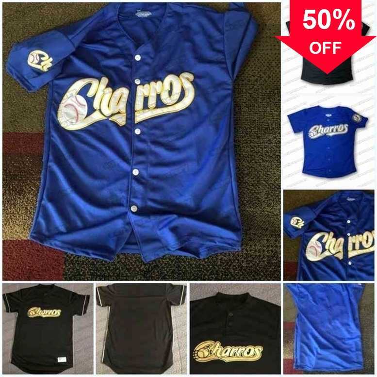 

Xflsp GlnA3740 Charros De Jalisco Black Blue 100% Stitched Blank Baseball Jersey