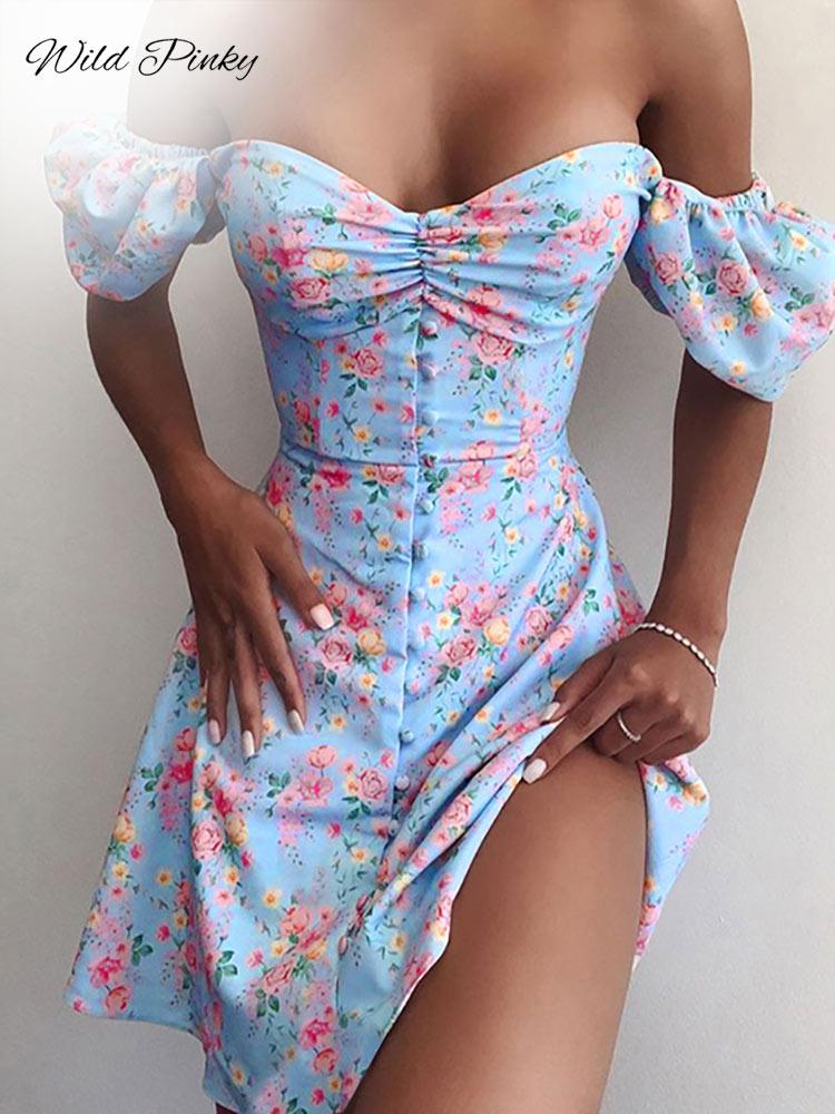 

Dresses Wildpinky 2023 Summer Print Dress French Style Puff Sleeve Floral Off Shoulder Mini Dress Casual Corset Strapless Women Dress, Orange