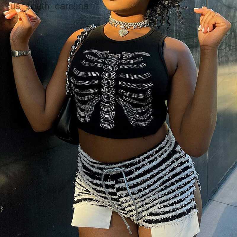 

Camis Women' Tank Top Solid Y2K Rhinestone Vest Female Summer Clothing Crop Top Casual Short Tight Slim Tops Streetwear Party Club L230522, Black
