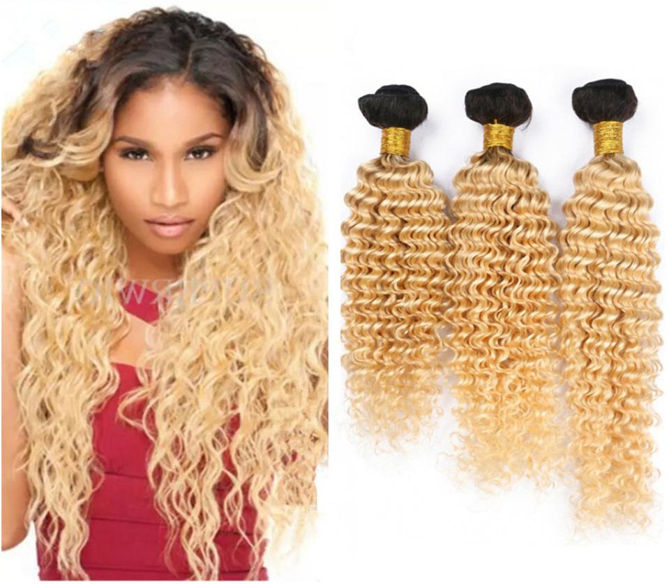 

1B 613 Ombre Blonde Human Hair Bundles Deep Wave Brazilian Bundles Dark Roots Platinum Blonde Curly Virgin Hair Extensions 3Pcs Lo8107146