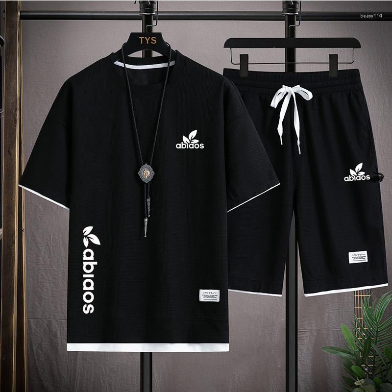 

Men's Tracksuits Summer Waffle Fabric Men's And Women's Couple Casual Set Large Relaxed Outdoor Jogging Harajuku Hip Hop Running