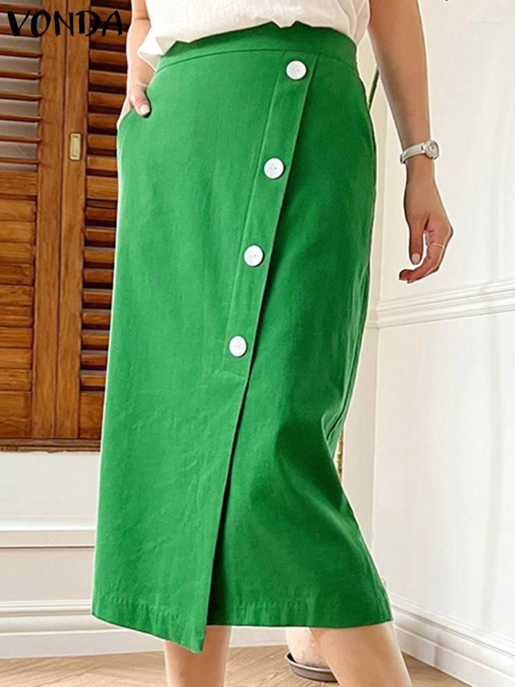 

Skirts VONDA 2023 Summer Women Casual Elastic Waist Solid Color Sexy Mid-Calf Loose Female Bottoms Baggy, Beige