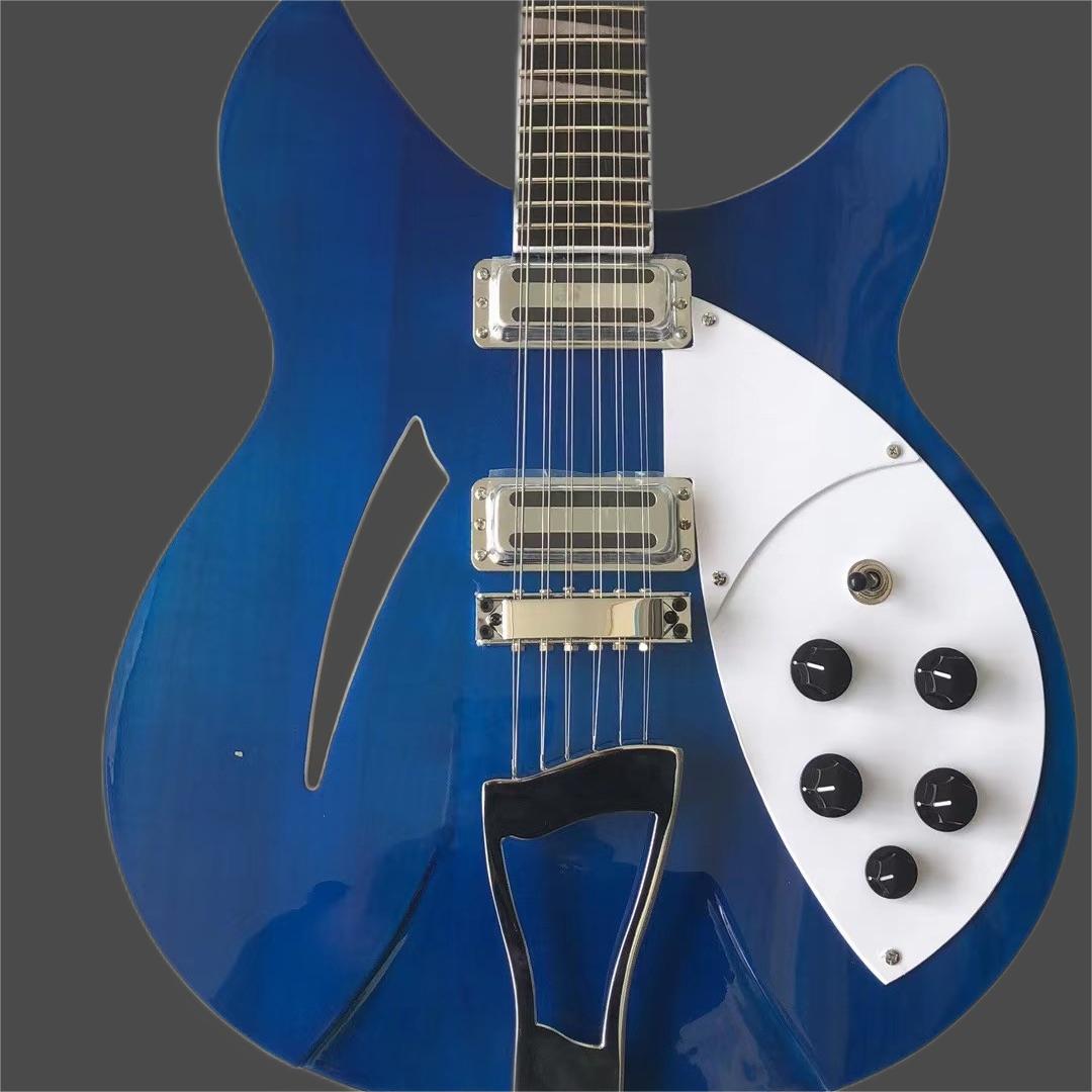 

325 High quality Three pickup electric guitar,The fingerboard has varnish on it, half-hollow light blue body has a F hole in i